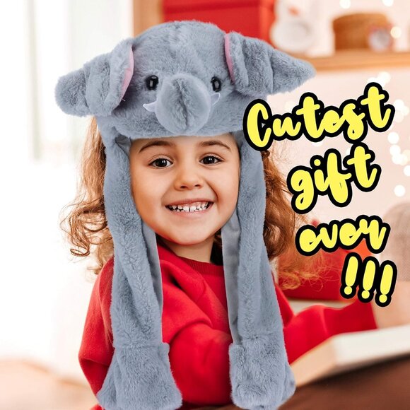Kids Elephant Animal Hat with Ears Moving Jumping Pop Up Beating Plush Holiday - Picture 2 of 7